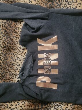 PINK Victoria's Secret Black Off The Shoulder Hoodie with Metallic Rose Logo